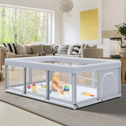 Fshibila large grey baby playpen with breathable mesh sides and sturdy frame