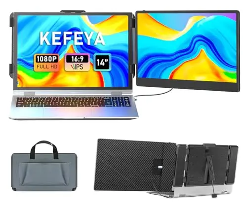 KEFEYA 14-inch laptop screen extender showing dual-screen setup