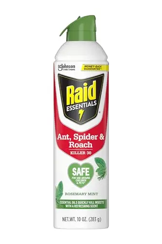 Raid Essentials aerosol spray can with rosemary mint scent, labeled as child and pet safe