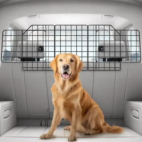 Rabbitgoo triple-folding dog car barrier installed in the back of an SUV
