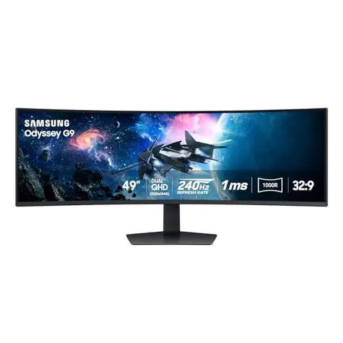 SAMSUNG 49-inch super ultrawide curved gaming monitor with 1000R curve on a desk