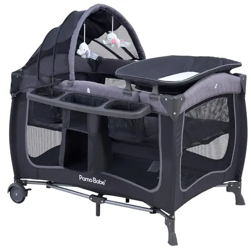PAMO BABE light grey playard with canopy, changing table, and storage