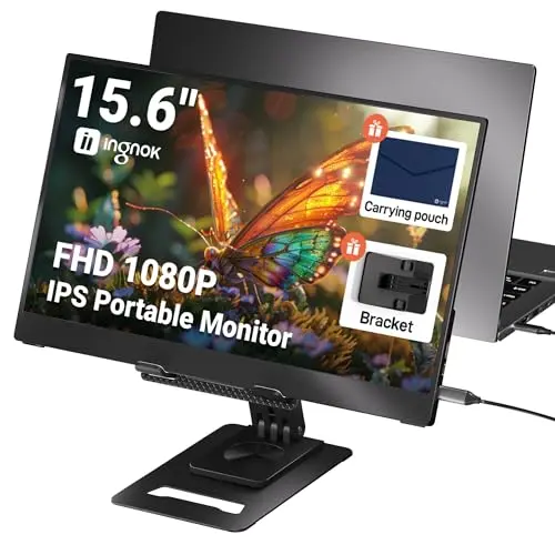 Ingnok 15.6-inch portable monitor with a kickstand stand on a desk