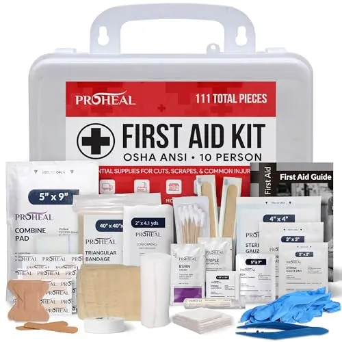 ProHeal white plastic first aid kit case with latches and a handle