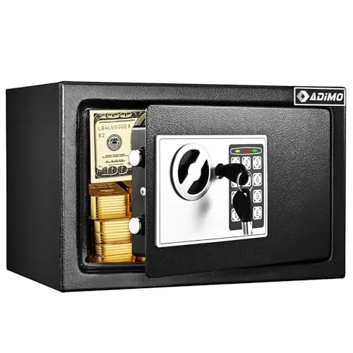 ADIMO black electronic safe box with a digital keypad and included fireproof bag.