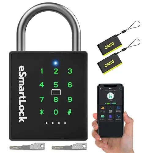 eLinkSmart black smart padlock with digital keypad attached to a metal gate latch