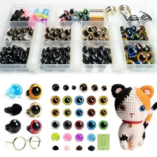 SEVENSUN craft kit with assorted safety eyes, noses, glasses, and tags for crochet dolls
