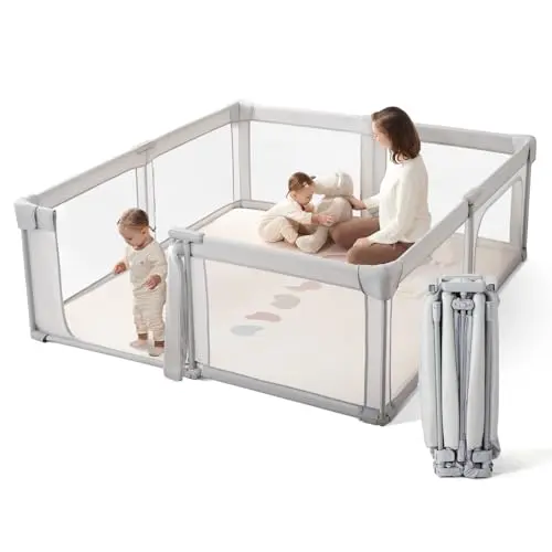 COSOLA large grey foldable baby playpen with mesh sides and carry bag