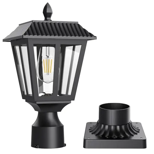 Compact Greluna solar post light with a clear lampshade on a wooden post
