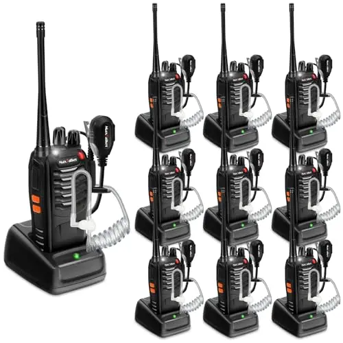 MaxTalker MT-8S walkie talkie set with charging base and earpieces