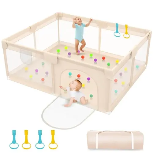 Abdtech extra large baby playpen in apricot color with breathable mesh sides