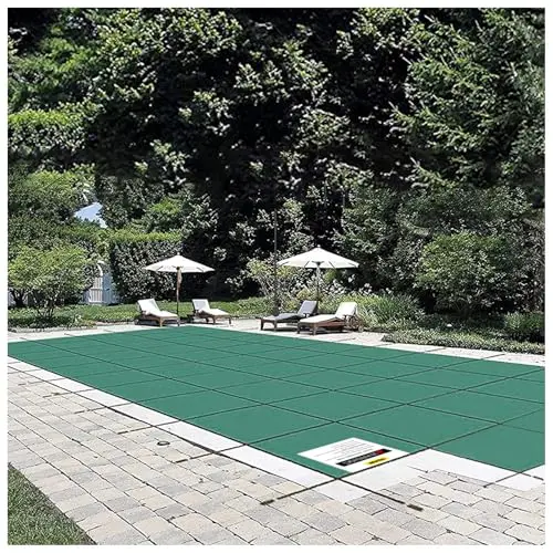 VEVOR green mesh safety pool cover with a cut-out for a center step, shown installed over a rectangular inground pool.