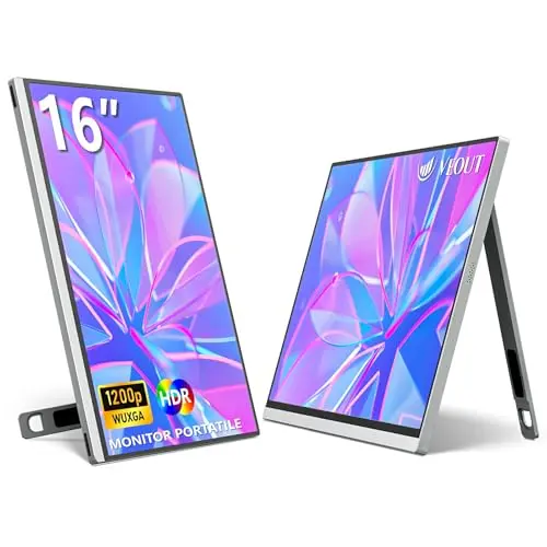 Silver Veout V1 Pro 16-inch portable monitor with built-in aluminum stand next to a MacBook