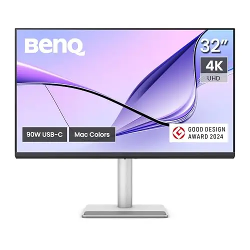 BenQ MA320U 32-inch large 4K monitor displaying a colorful design workspace