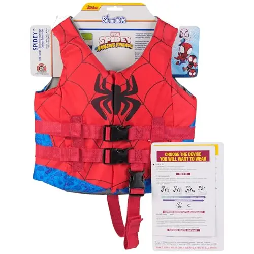 SwimWays Marvel Spidey themed life jacket for children on a blue background