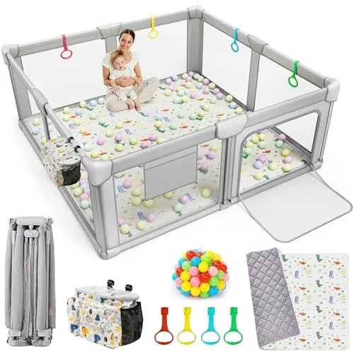 ADOTOCAM gray foldable baby playpen with included play mat