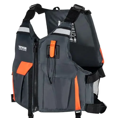 VEVOR grey life vest for watersports, showing minimal shoulder coverage and large front pockets.