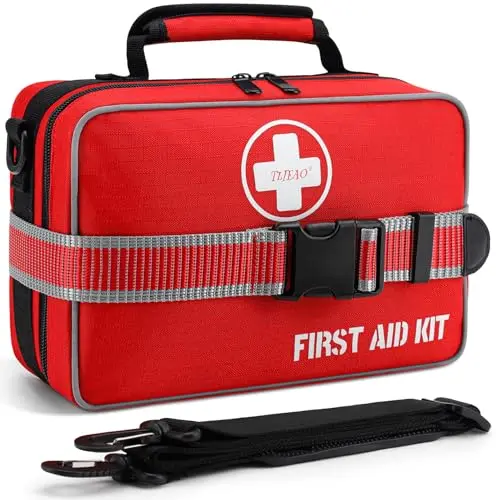 TLIEAO 430-piece first aid kit in a red, reflective backpack with multiple compartments
