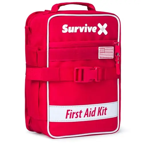 SurviveX Large First Aid Kit in red with organized compartments