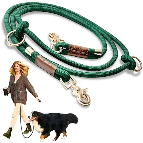 Hunter green convertible nylon rope dog leash with gold hardware, shown worn crossbody and around the waist