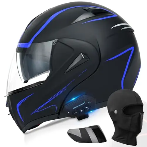 URFGNBK blue modular full-face motorcycle helmet with integrated Bluetooth system