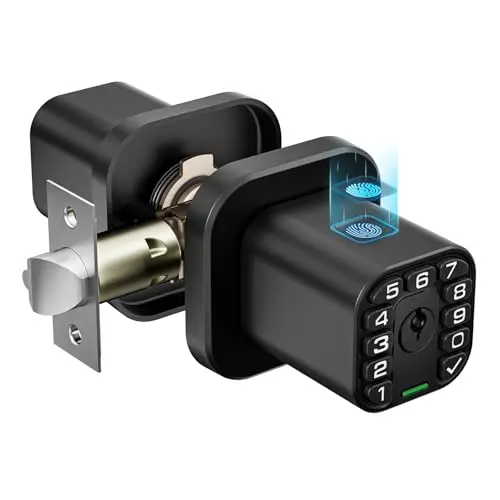 Richelock matte black fingerprint door knob with illuminated keypad on a wooden gate