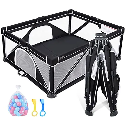 ANGELBLISS black foldable playpen with mesh sides and included play balls