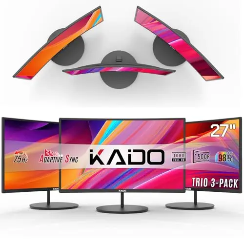 Three Kado 27 inch curved computer monitors arranged in a triple setup on a desk