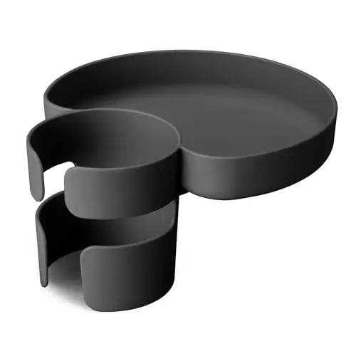 Munchkin grey car seat snack tray inserted into a vehicle cup holder.