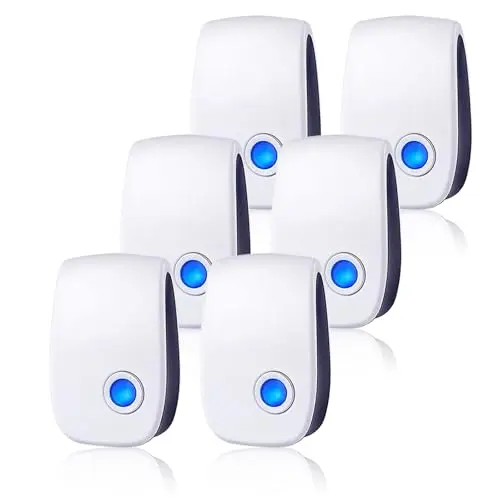 Simple white ultrasonic pest repeller plug-in with blue indicator light