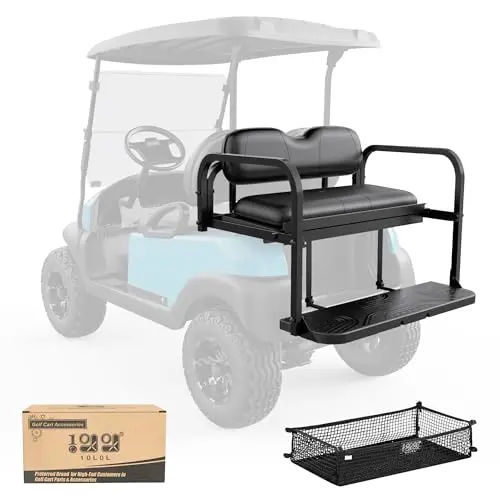 10L0L golf cart rear seat kit with black cushions and a cargo net, flipped down on a Club Car.