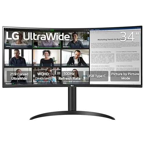 LG 34WR55QK-B 34-inch black curved UltraWide monitor on desk