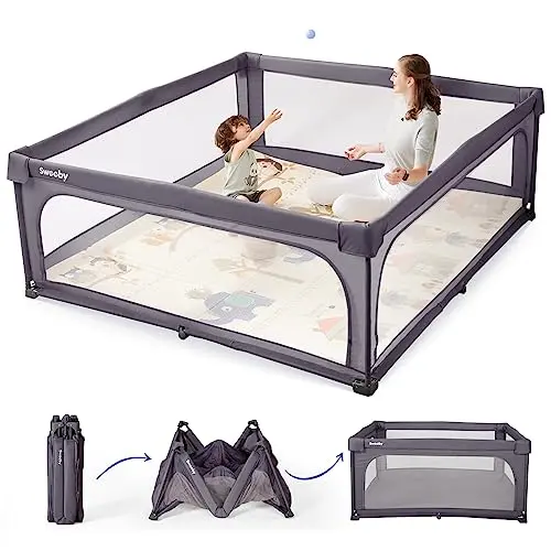 Sweeby dark grey foldable playpen with mesh sides