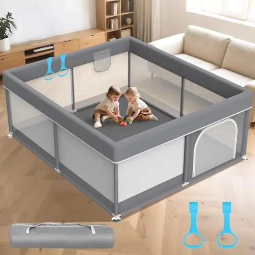 Deeteck dark grey large baby playpen with side storage pockets and pull tabs