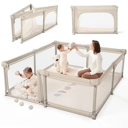 Sweeby beige baby playpen with hidden gate feature for easy parent access
