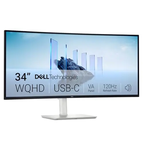 Dell 34-inch curved ultrawide monitor in ash white on a desk