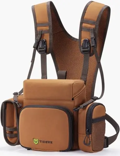 TIDEWE brown binocular harness chest pack with two detachable MOLLE pouches attached.