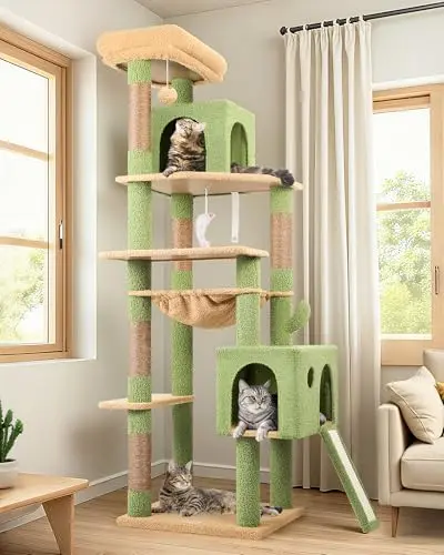 Globlazer 70-inch tall cactus-themed cat tree with green plush and sisal scratching posts