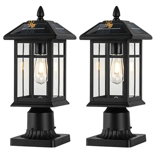 Two black aluminum Brilvibera solar post lights with glass shades