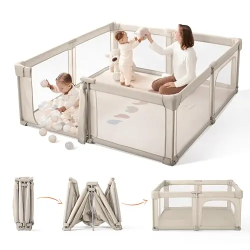 Sweeby light khaki foldable baby playpen showing compact storage capability