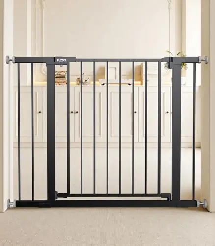 PLZOIT black metal baby gate with auto-close door installed in hallway