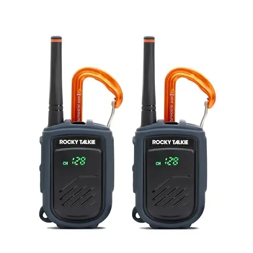 Rocky Talkie Mountain Radio FRS radio with carabiner clip attached to a backpack strap
