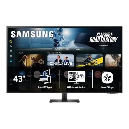 Samsung 43-inch 4K UHD smart monitor with a sleek black design on a desk
