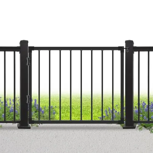 SunCrafts black steel deck gate installed within a wooden deck railing.