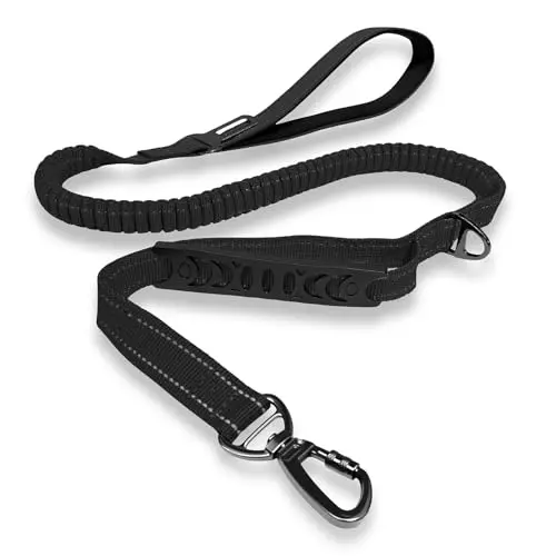 JoyPetto black tactical bungee dog leash with dual handles and a carabiner clip.