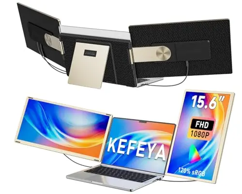 KEFEYA detachable triple screen extender attached to a laptop, creating a three-screen workstation.