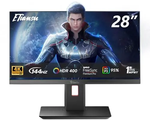 ETiansu 28-inch 4K IPS monitor with a height-adjustable stand on a gaming desk