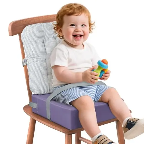 KOXUIUF purple toddler booster seat with soft corduroy cover and backrest pillow.