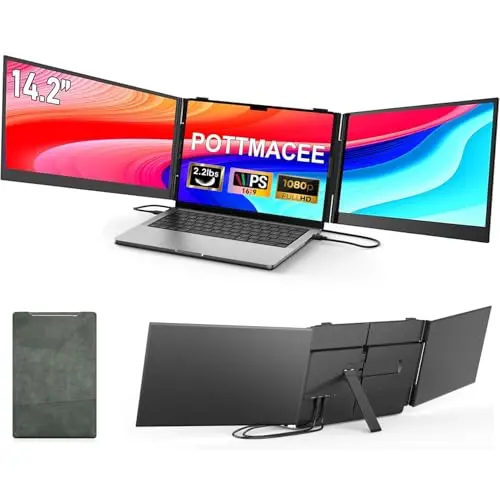 POTTMACEE ultra-slim 14.2 inch triple laptop screen extender showing lightweight design