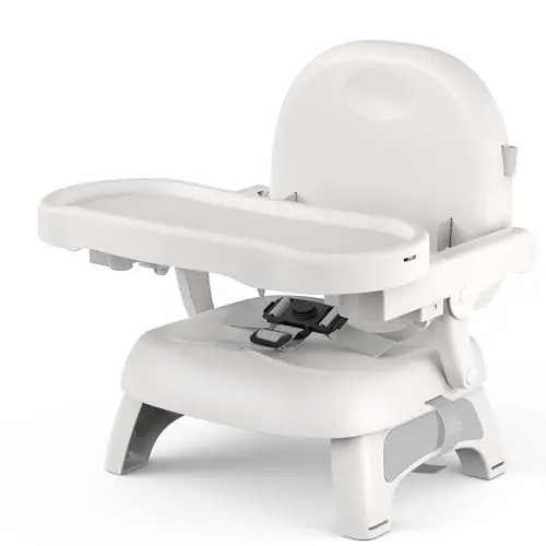 Bella's Friends grey foldable 3-in-1 toddler booster seat with adjustable tray.